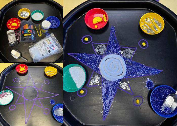 Rangoli design made with glitter, sand and sequins