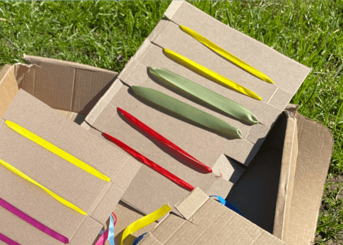 Cardboard with ribbon threaded through