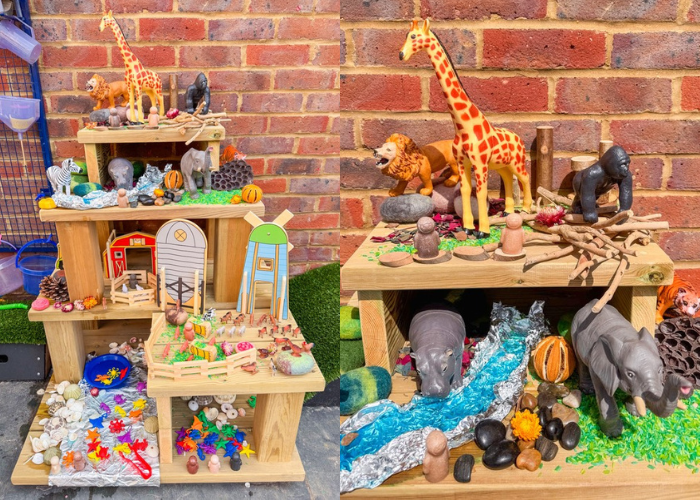 Multi-zone outdoor learning set up with safari zone, farm zone, and ocean zone by create_make_and_play (Instagram)