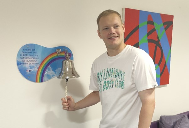 Jayden rings the bell to celebrate winning his battle with cancer