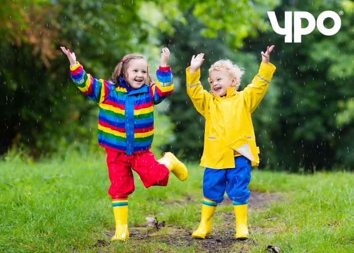 children playing in the rain