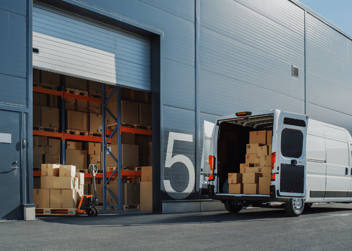 Warehouse with van and boxes