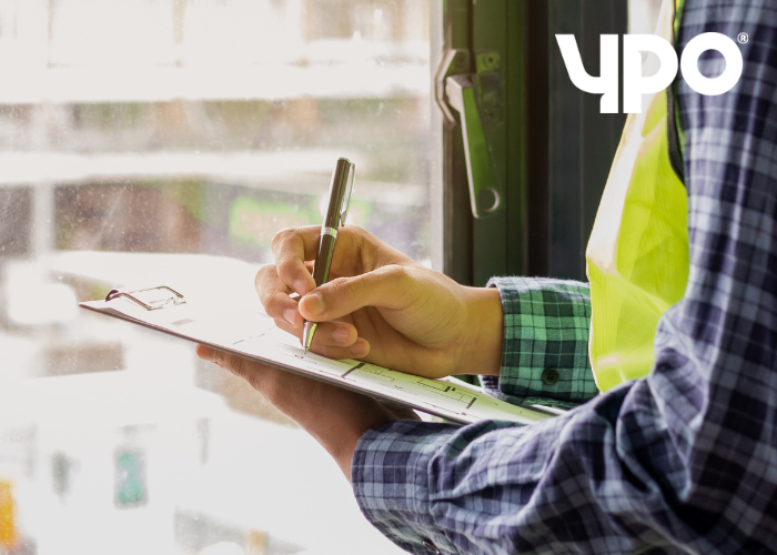 Person wearing a hi-visibility vest writing on a clipboard