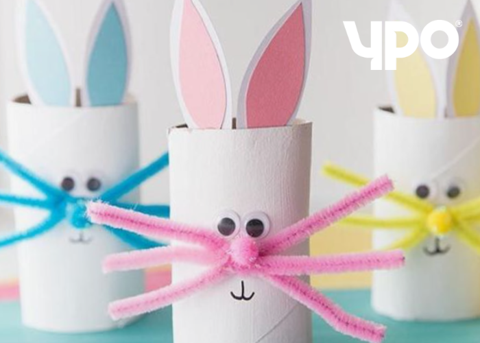 Handmade craft roll Easter bunnies with colourful whiskers
