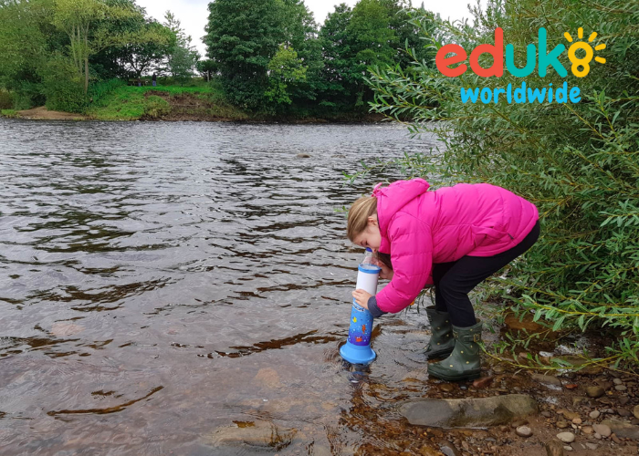 Young girl looking for animals in water
