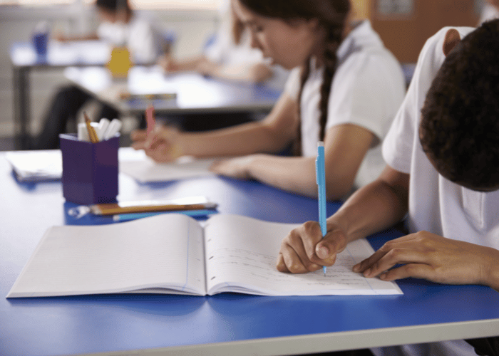 Children in classroom writing